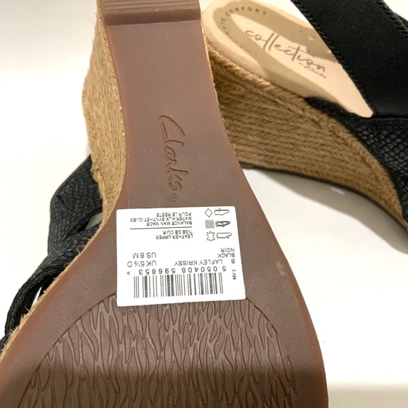 Clarks Lafley Krissy Black Leather Ankle Strap Wedge Sandal Platform Espadrilles - Picture 5 of 7